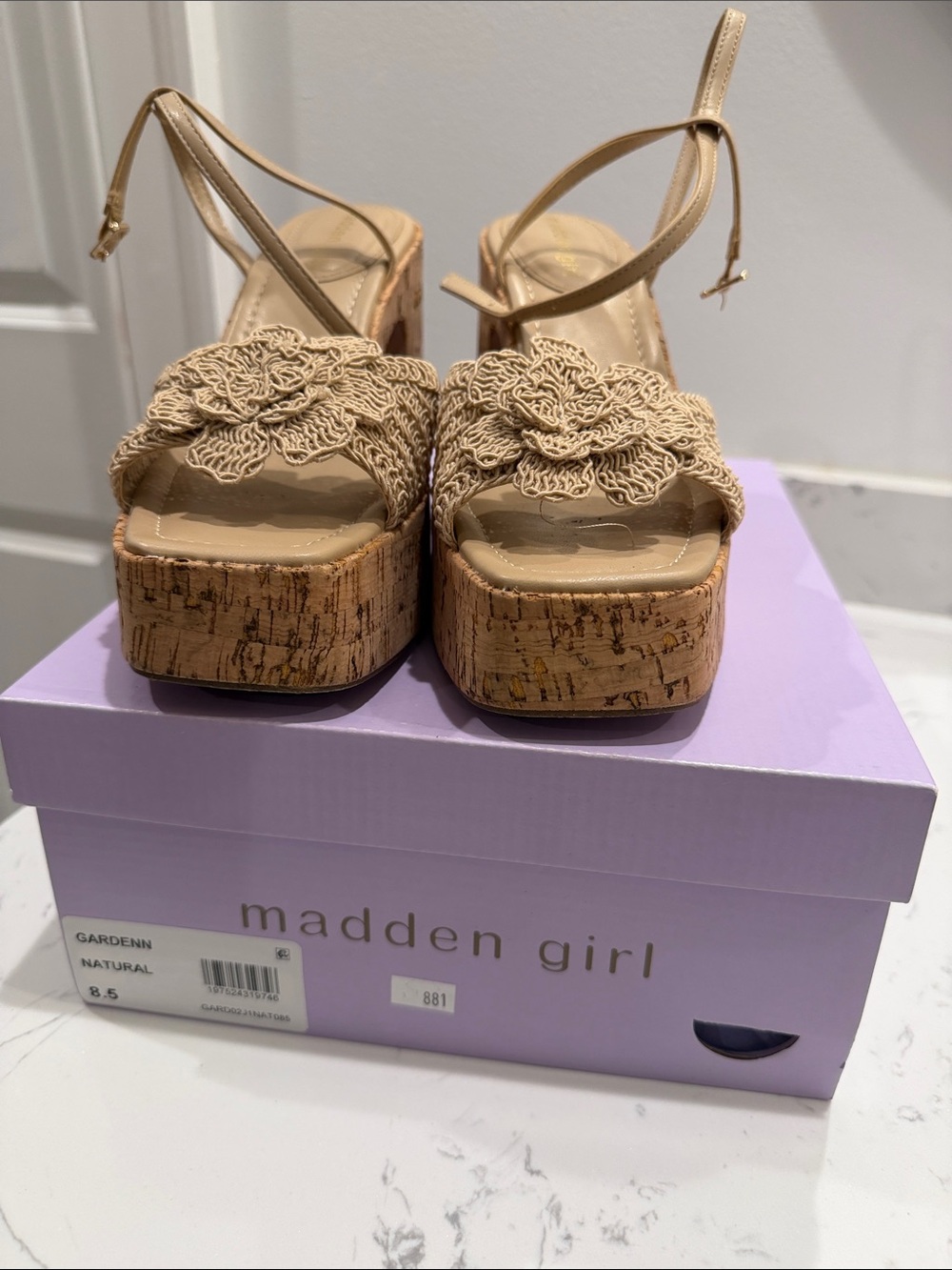 Madden Girl Natural Tan Cork Platform Sandals with Floral Crochet Strap